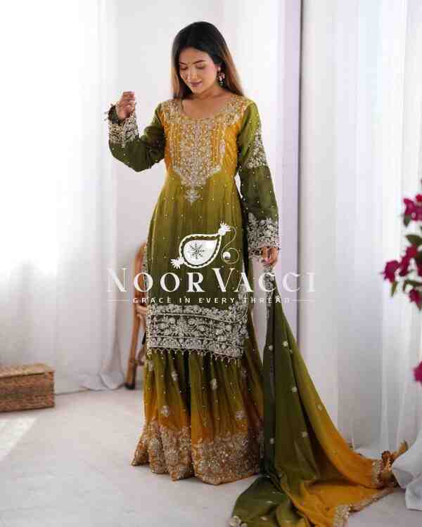 Chinon Silk Plazo Set with Dori, Sequin & Rivet Moti Embroidery - Image 2