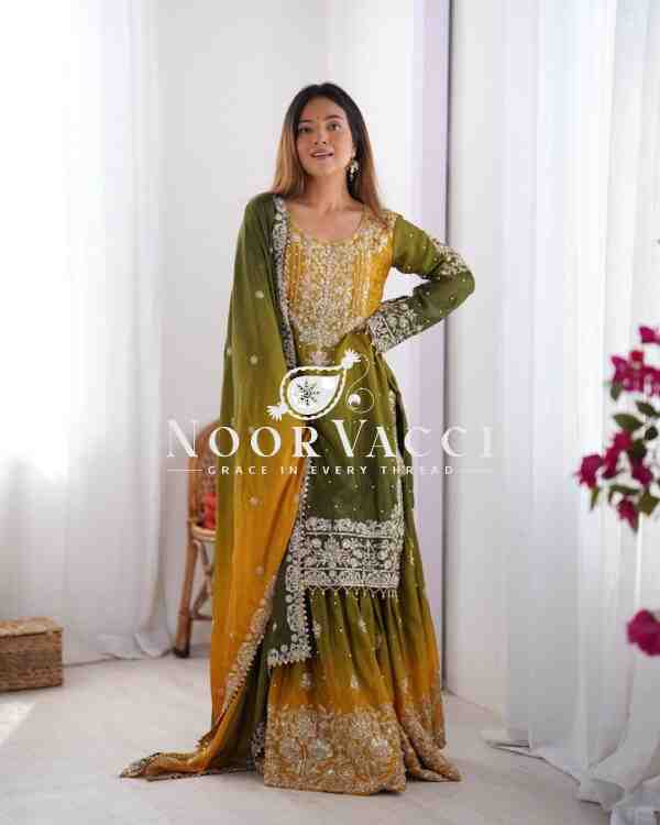 Chinon Silk Plazo Set with Dori, Sequin & Rivet Moti Embroidery