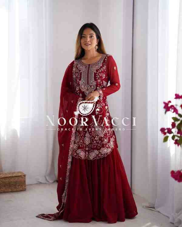 Faux Georgette Sharara Set with Thread & Sequin Embroidery - Image 3