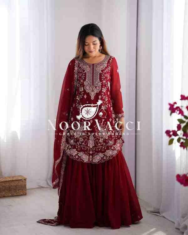 Faux Georgette Sharara Set with Thread & Sequin Embroidery - Image 2
