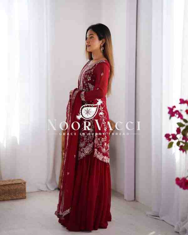 Faux Georgette Sharara Set with Thread & Sequin Embroidery - Image 6