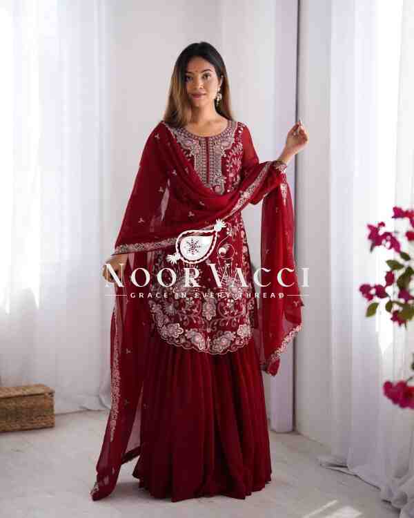 Faux Georgette Sharara Set with Thread & Sequin Embroidery