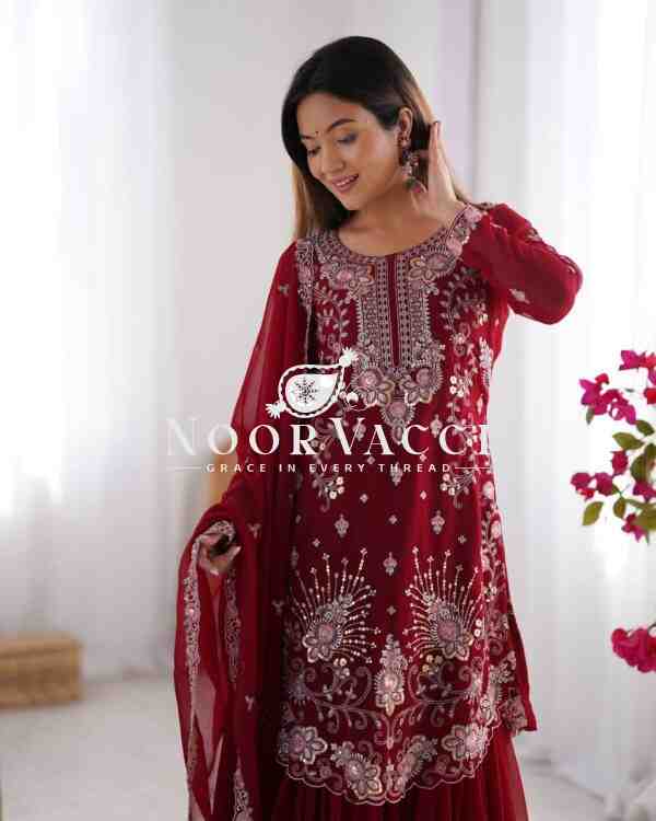 Faux Georgette Sharara Set with Thread & Sequin Embroidery - Image 4