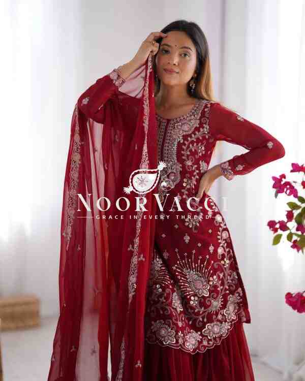 Faux Georgette Sharara Set with Thread & Sequin Embroidery - Image 5
