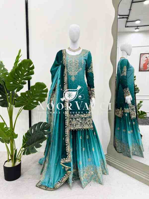 Chinon Silk Plazo Set with Dori, Sequin & Rivet Moti Embroidery - Image 8