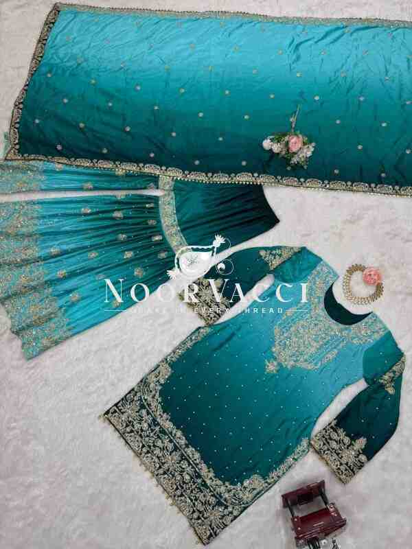 Chinon Silk Plazo Set with Dori, Sequin & Rivet Moti Embroidery - Image 9