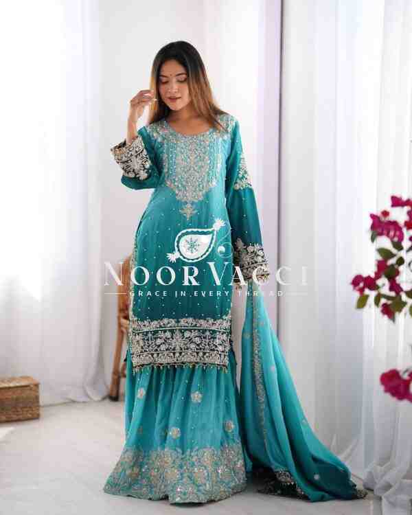 Chinon Silk Plazo Set with Dori, Sequin & Rivet Moti Embroidery - Image 3
