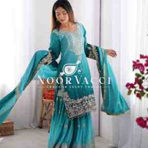 Chinon Silk Plazo Set with Dori, Sequin & Rivet Moti Embroidery