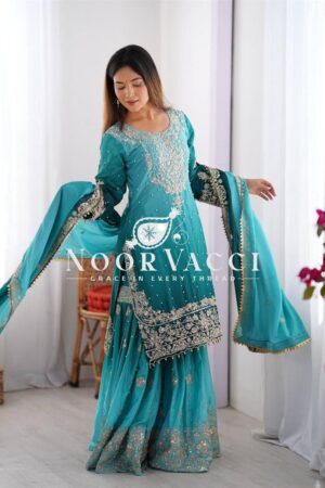 Shop Chinon Silk Plazo Set with Dori, Sequin & Rivet Moti Embroidery