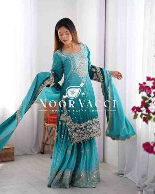 Chinon Silk Plazo Set with Dori, Sequin & Rivet Moti Embroidery