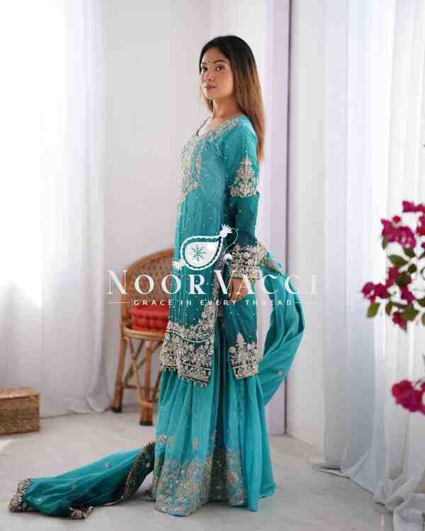 Chinon Silk Plazo Set with Dori, Sequin & Rivet Moti Embroidery - Image 4