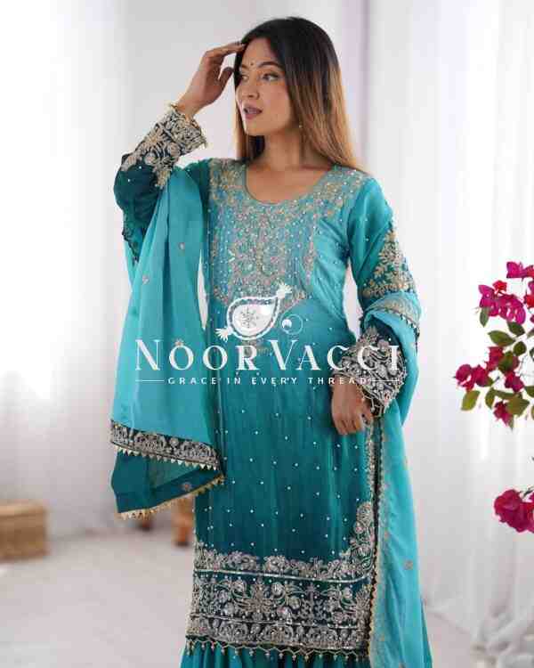 Chinon Silk Plazo Set with Dori, Sequin & Rivet Moti Embroidery - Image 5