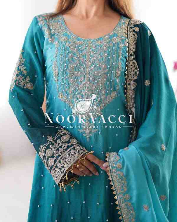 Chinon Silk Plazo Set with Dori, Sequin & Rivet Moti Embroidery - Image 6