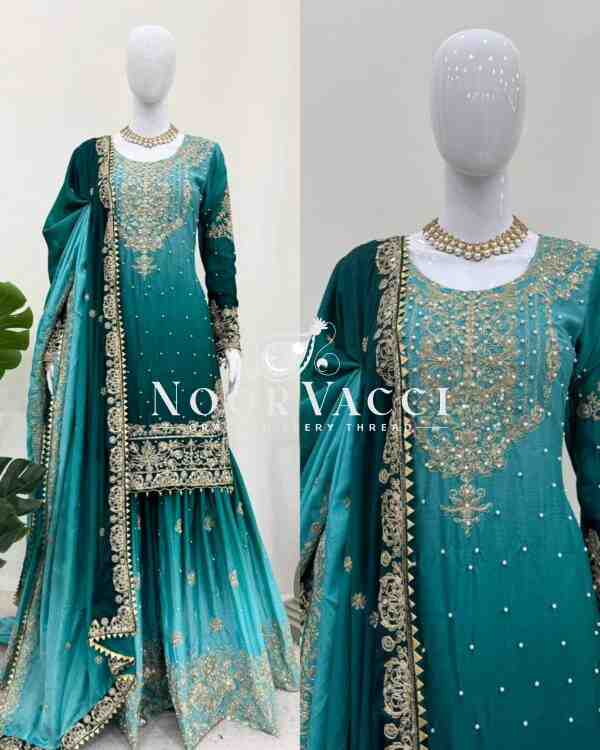 Chinon Silk Plazo Set with Dori, Sequin & Rivet Moti Embroidery - Image 7