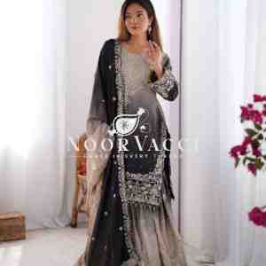 Chinon Silk Plazo Set with Dori, Sequin & Rivet Moti Embroidery