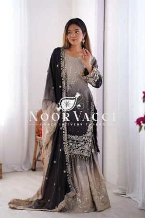 Shop Chinon Silk Plazo Set with Dori, Sequin & Rivet Moti Embroidery