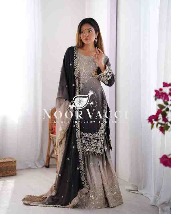 Chinon Silk Plazo Set with Dori, Sequin & Rivet Moti Embroidery