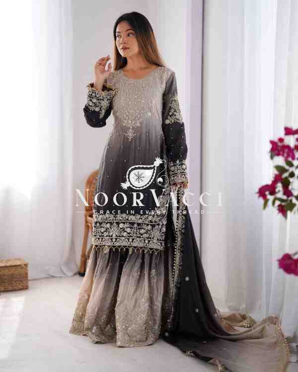Chinon Silk Plazo Set with Dori, Sequin & Rivet Moti Embroidery - Image 2