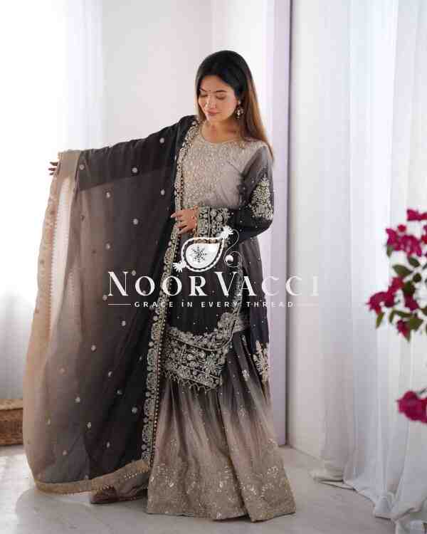 Chinon Silk Plazo Set with Dori, Sequin & Rivet Moti Embroidery - Image 3