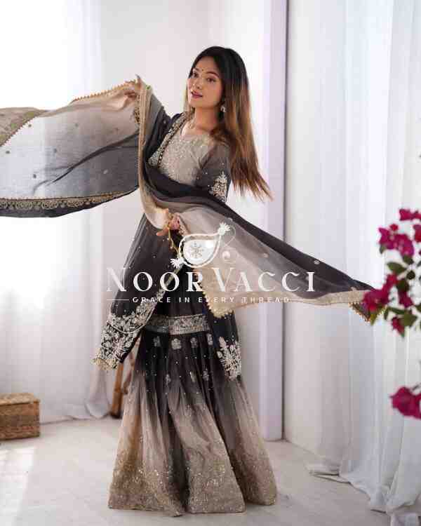 Chinon Silk Plazo Set with Dori, Sequin & Rivet Moti Embroidery - Image 4