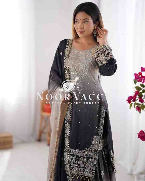 Chinon Silk Plazo Set with Dori, Sequin & Rivet Moti Embroidery - Image 6