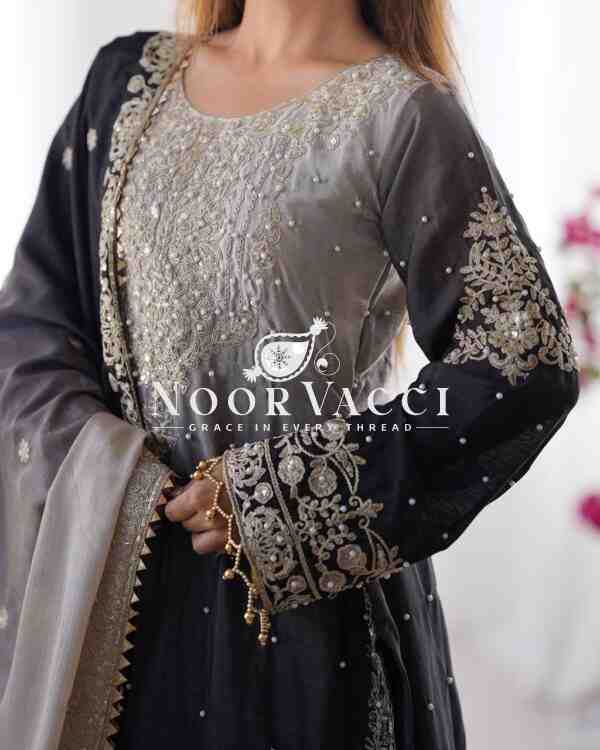 Chinon Silk Plazo Set with Dori, Sequin & Rivet Moti Embroidery - Image 7