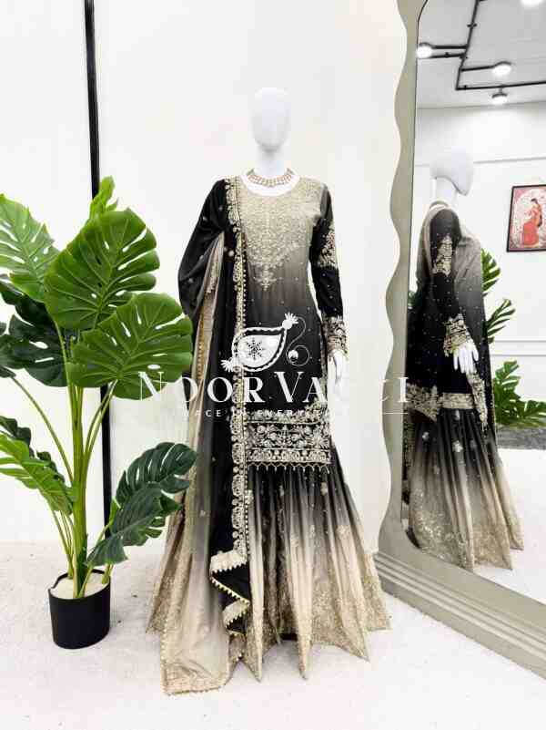 Chinon Silk Plazo Set with Dori, Sequin & Rivet Moti Embroidery - Image 8