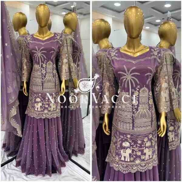Twill Net Heavy Embroidered Top-Plazzo Set with Dupatta
