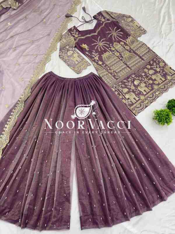 Twill Net Heavy Embroidered Top-Plazzo Set with Dupatta - Image 3