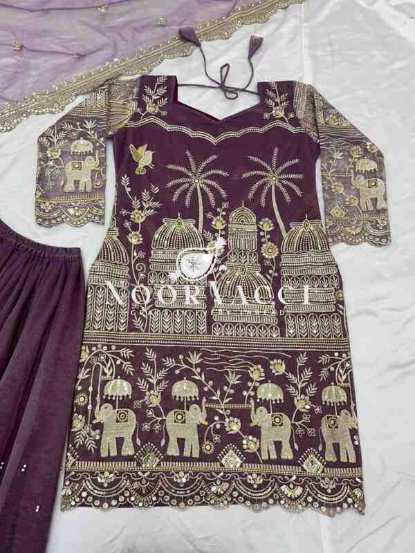 Twill Net Heavy Embroidered Top-Plazzo Set with Dupatta - Image 4