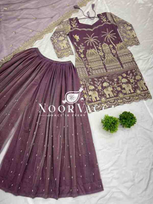 Twill Net Heavy Embroidered Top-Plazzo Set with Dupatta - Image 5