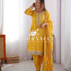 Chinon Silk Pant Set with Thread & Sequin Embroidered Dupatta