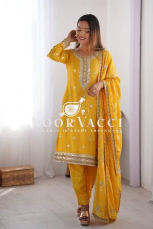 Shop Chinon Silk Pant Set with Thread & Sequin Embroidered Dupatta