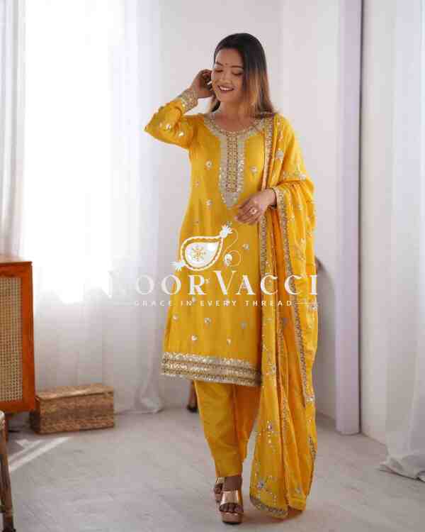 Chinon Silk Pant Set with Thread & Sequin Embroidered Dupatta