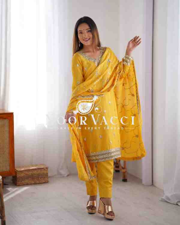 Chinon Silk Pant Set with Thread & Sequin Embroidered Dupatta - Image 5