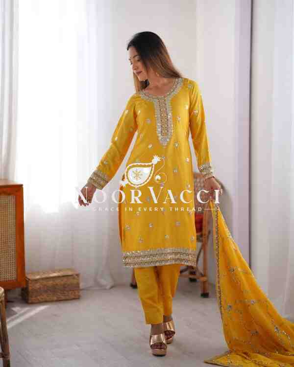 Chinon Silk Pant Set with Thread & Sequin Embroidered Dupatta - Image 2