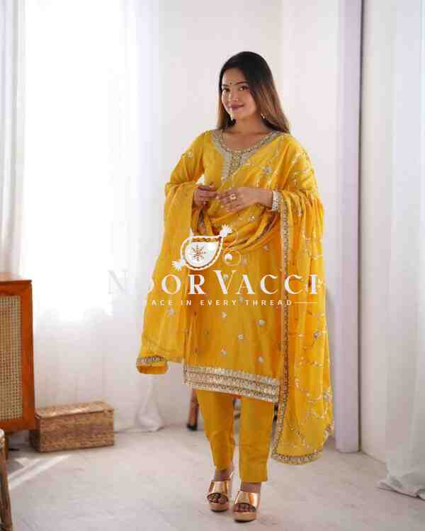 Chinon Silk Pant Set with Thread & Sequin Embroidered Dupatta - Image 4