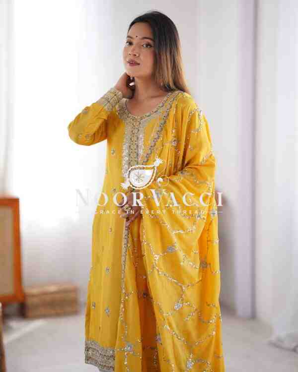 Chinon Silk Pant Set with Thread & Sequin Embroidered Dupatta - Image 3