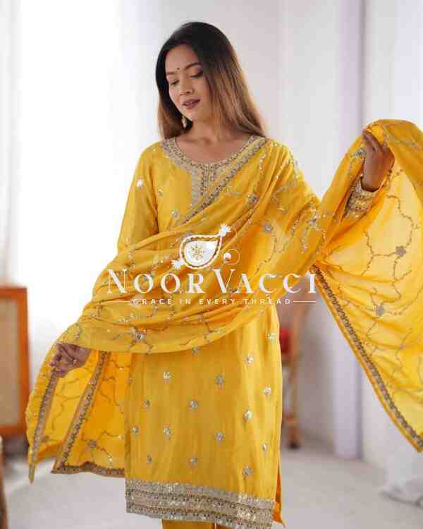 Chinon Silk Pant Set with Thread & Sequin Embroidered Dupatta - Image 8