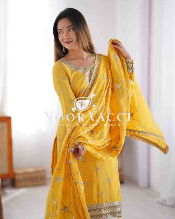Chinon Silk Pant Set with Thread & Sequin Embroidered Dupatta - Image 7
