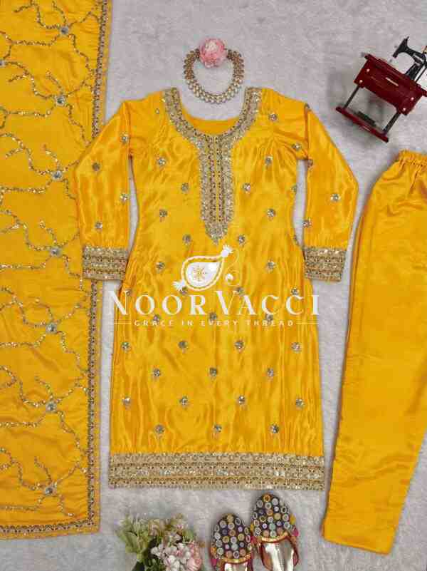 Chinon Silk Pant Set with Thread & Sequin Embroidered Dupatta - Image 9