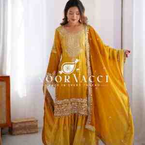 Chinon Silk Plazo Set with Rivet Moti & Sequin Embroidery