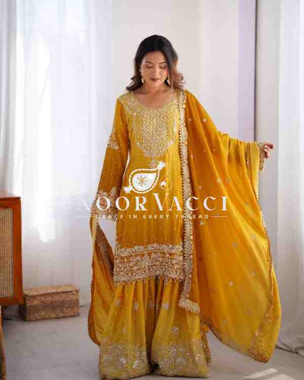 Chinon Silk Plazo Set with Rivet Moti & Sequin Embroidery