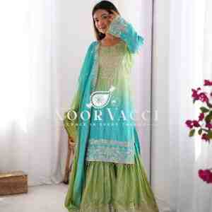Chinon Silk Plazo Set with Rivet Moti & Sequin Embroidery
