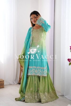 Buy Chinon Silk Plazo Set with Rivet Moti & Sequin Embroidery