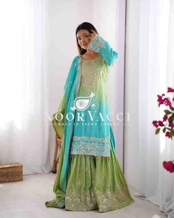 Chinon Silk Plazo Set with Rivet Moti & Sequin Embroidery