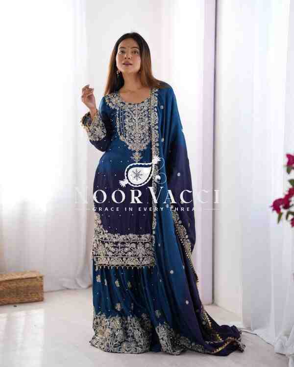 Chinon Silk Plazo Set with Rivet Moti & Sequin Embroidery - Image 2
