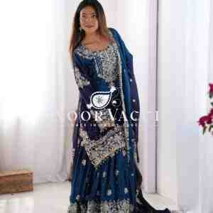 Chinon Silk Plazo Set with Rivet Moti & Sequin Embroidery
