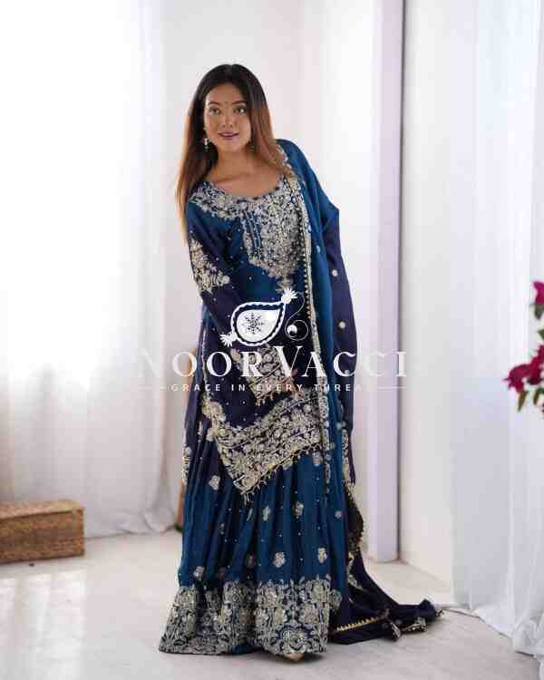 Chinon Silk Plazo Set with Rivet Moti & Sequin Embroidery