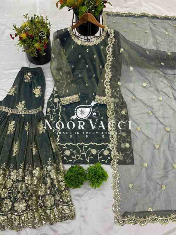Twill Net Heavy Embroidered Top-Plazzo Set with Dupatta - Image 3